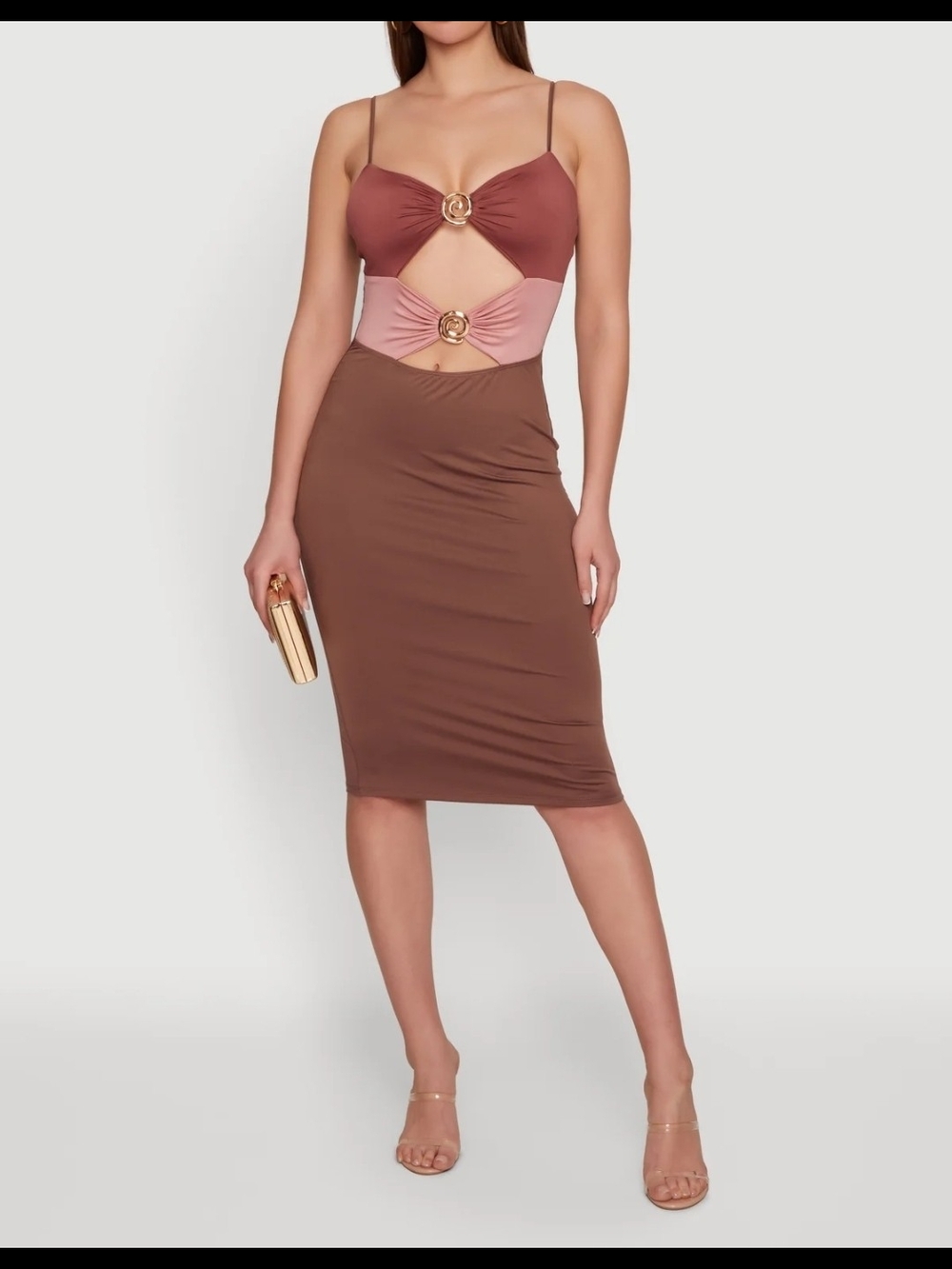 Two-Tone Cutout Midi Dress - Brown & Dusty Rose